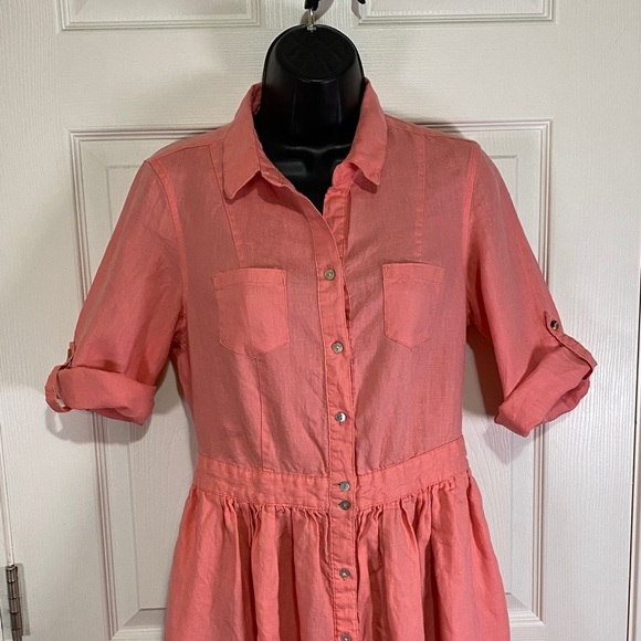 Malvin 100% Linen Coral Button-Down Dress with pockets and shell buttons Small/6 - Picture 5 of 10